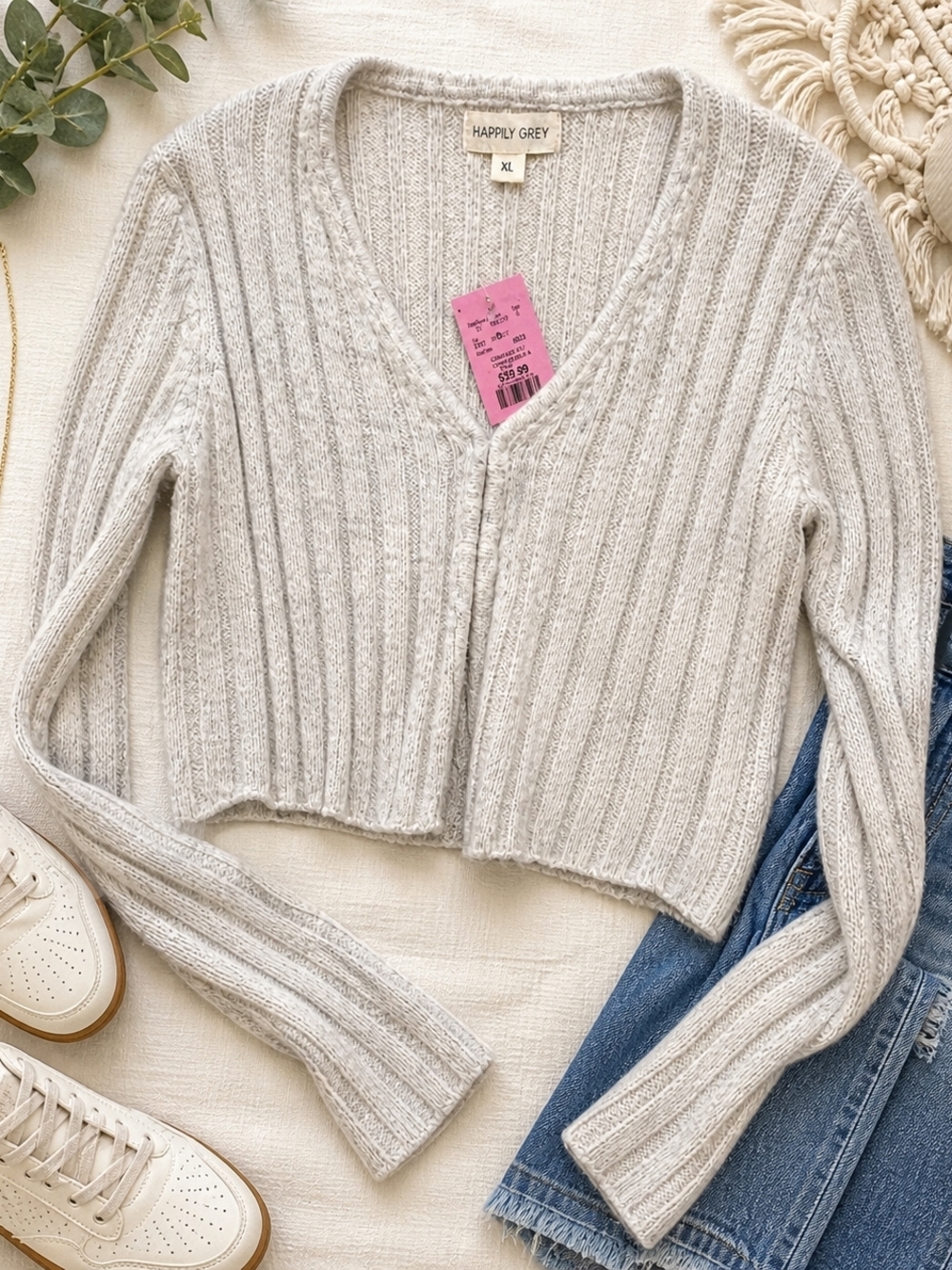 Happily Grey Ribbed Cropped Cardigan XL NWT